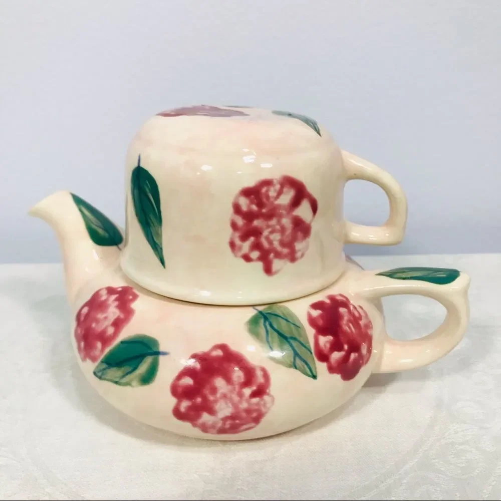 Ceramic Teapot Cup Set Floral Painted Personal Size Tea Party Set Tea Cup